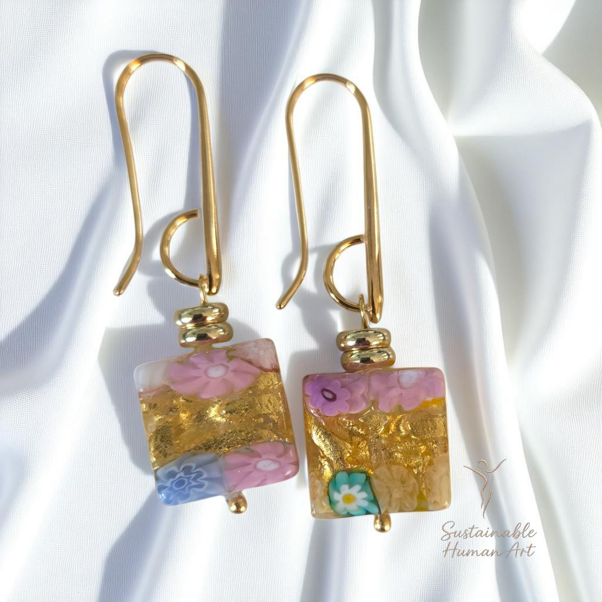 Vibrant Venetian Glass Lace Square Dangle Earrings | 24K Gold Foil Millefiori Floral | 2" Drop