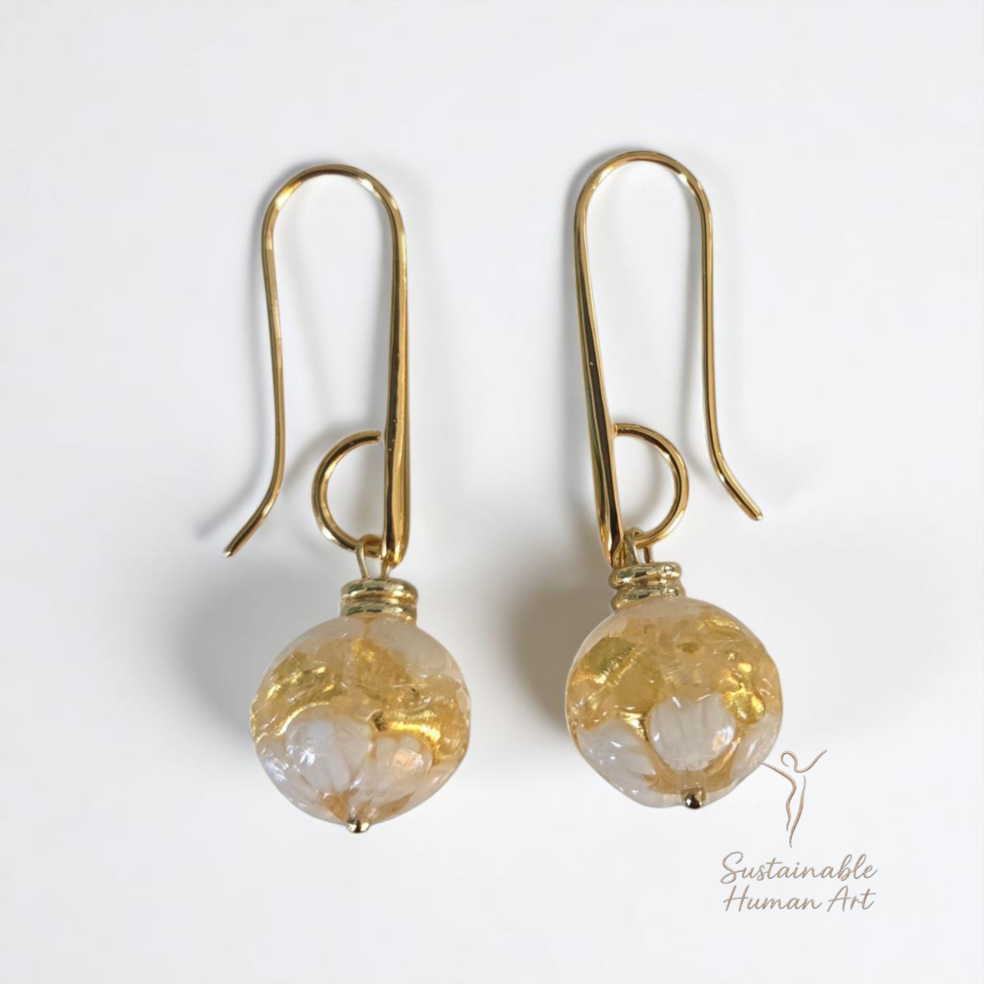 Exquisite Murano Glass Drop Earrings - 24K Gold Foil & Venetian Lace Design