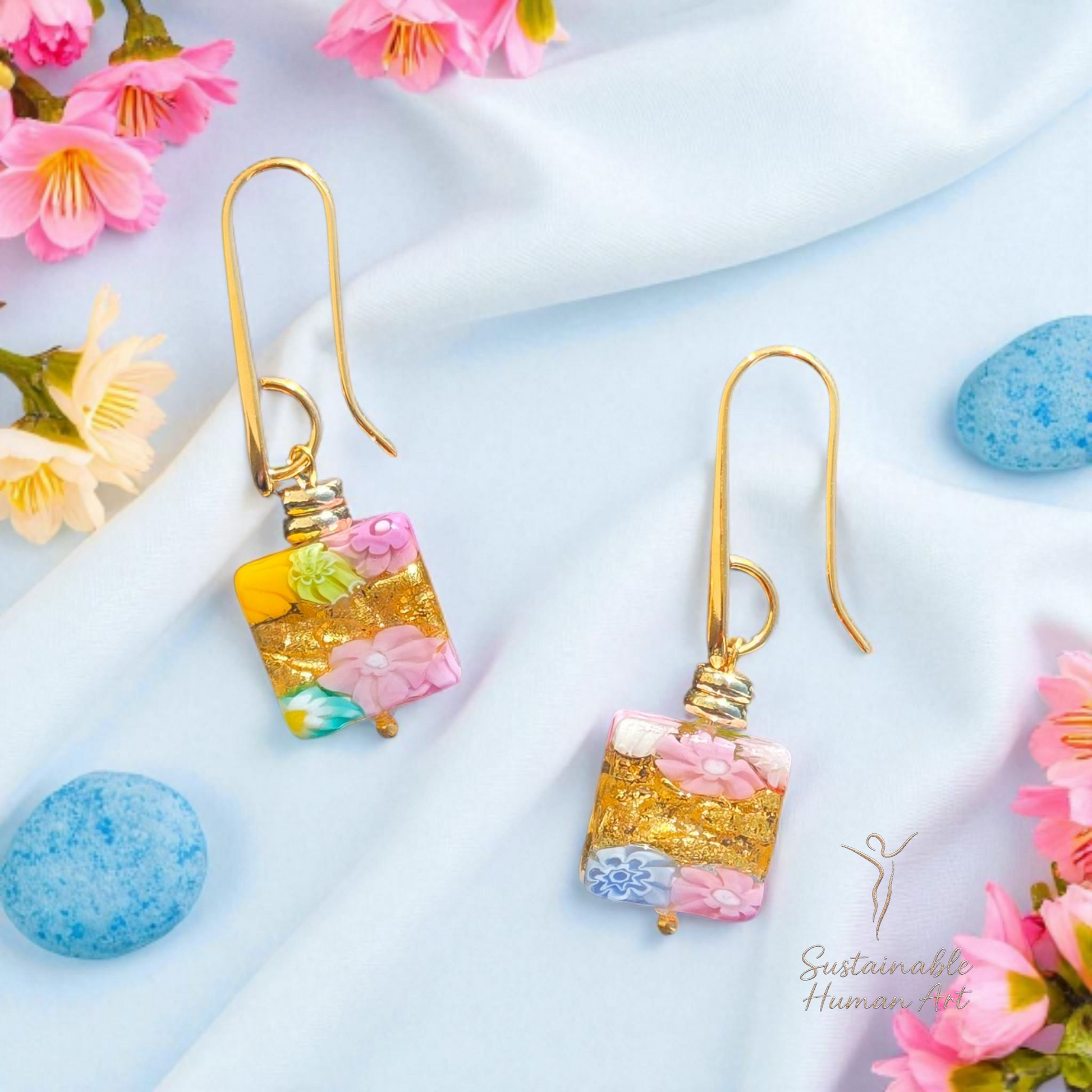 Vibrant Venetian Glass Lace Square Dangle Earrings | 24K Gold Foil Millefiori Floral | 2" Drop