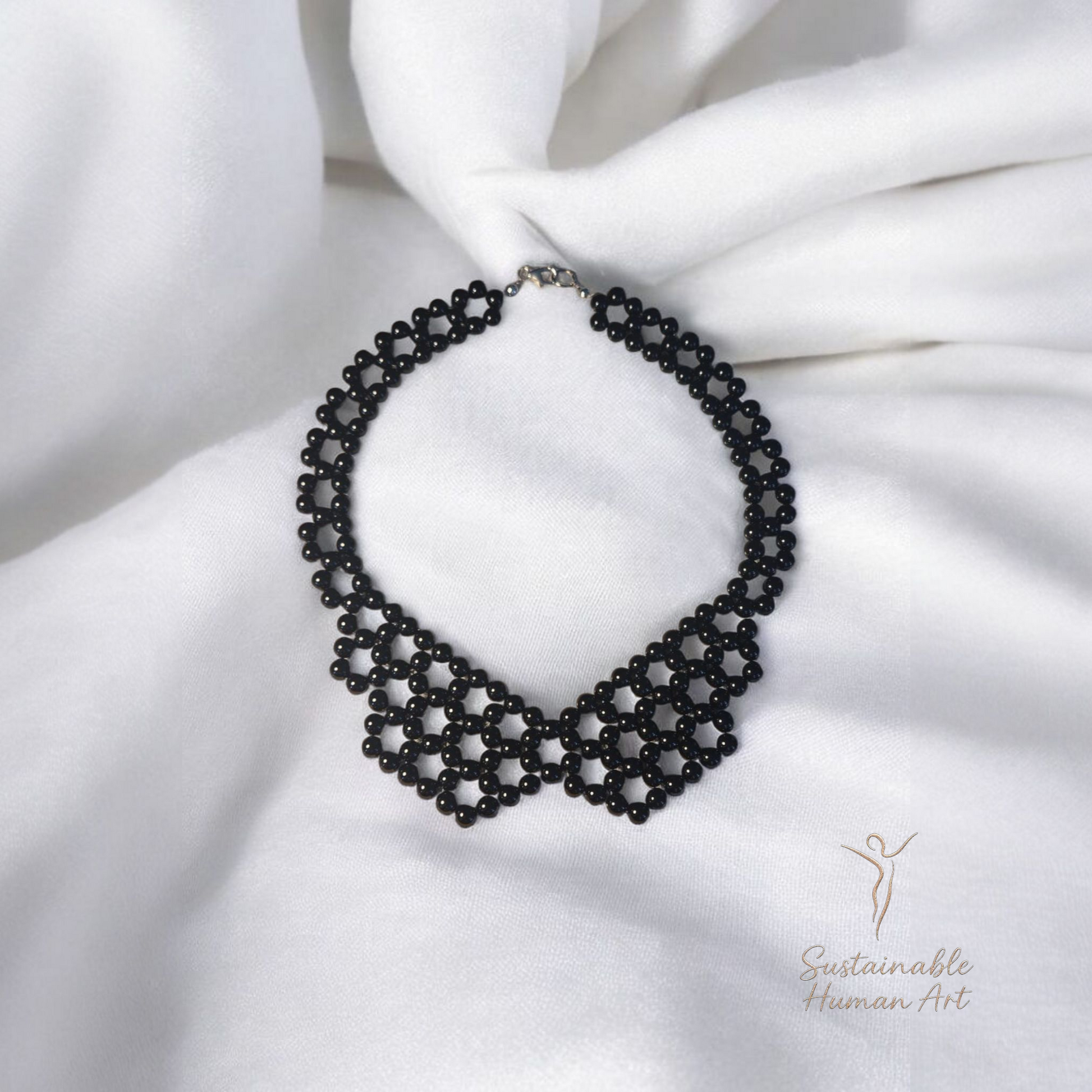 Elegant Black Onyx Beaded Collar Necklace - Handcrafted Statement Piece