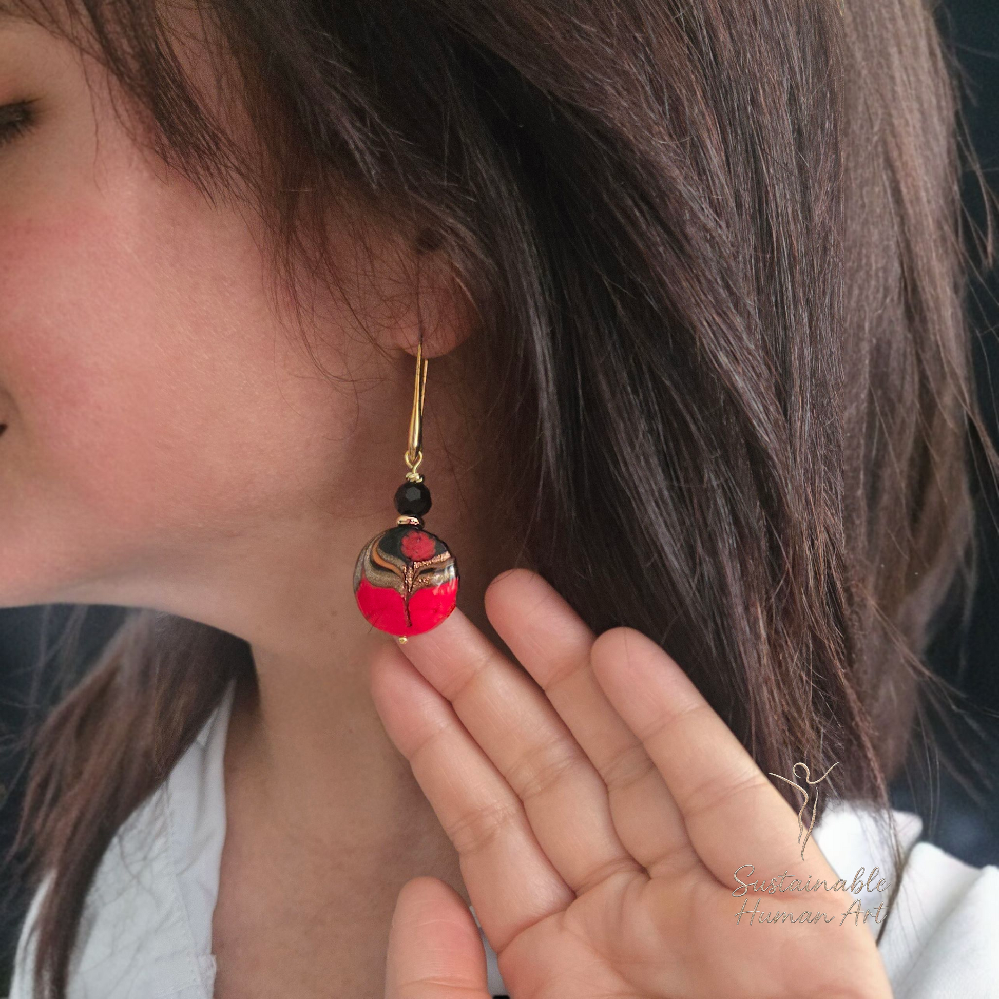 Murano Glass Red & Black Millefiori Disc Earrings with Gold Swirls