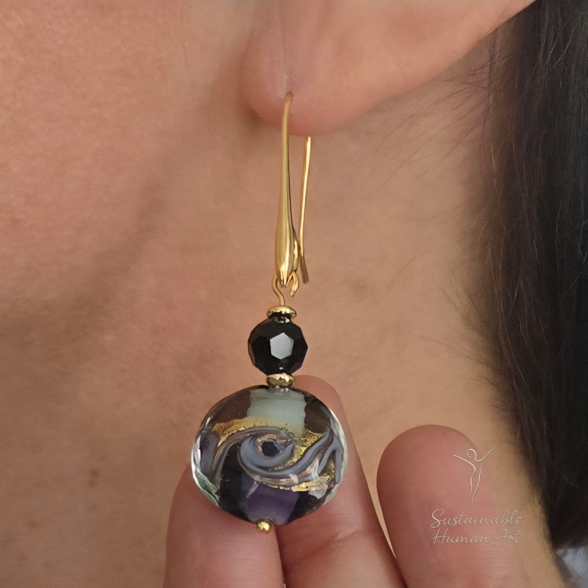 Elegant 24K Gold Foil Purple Murano Glass Earrings