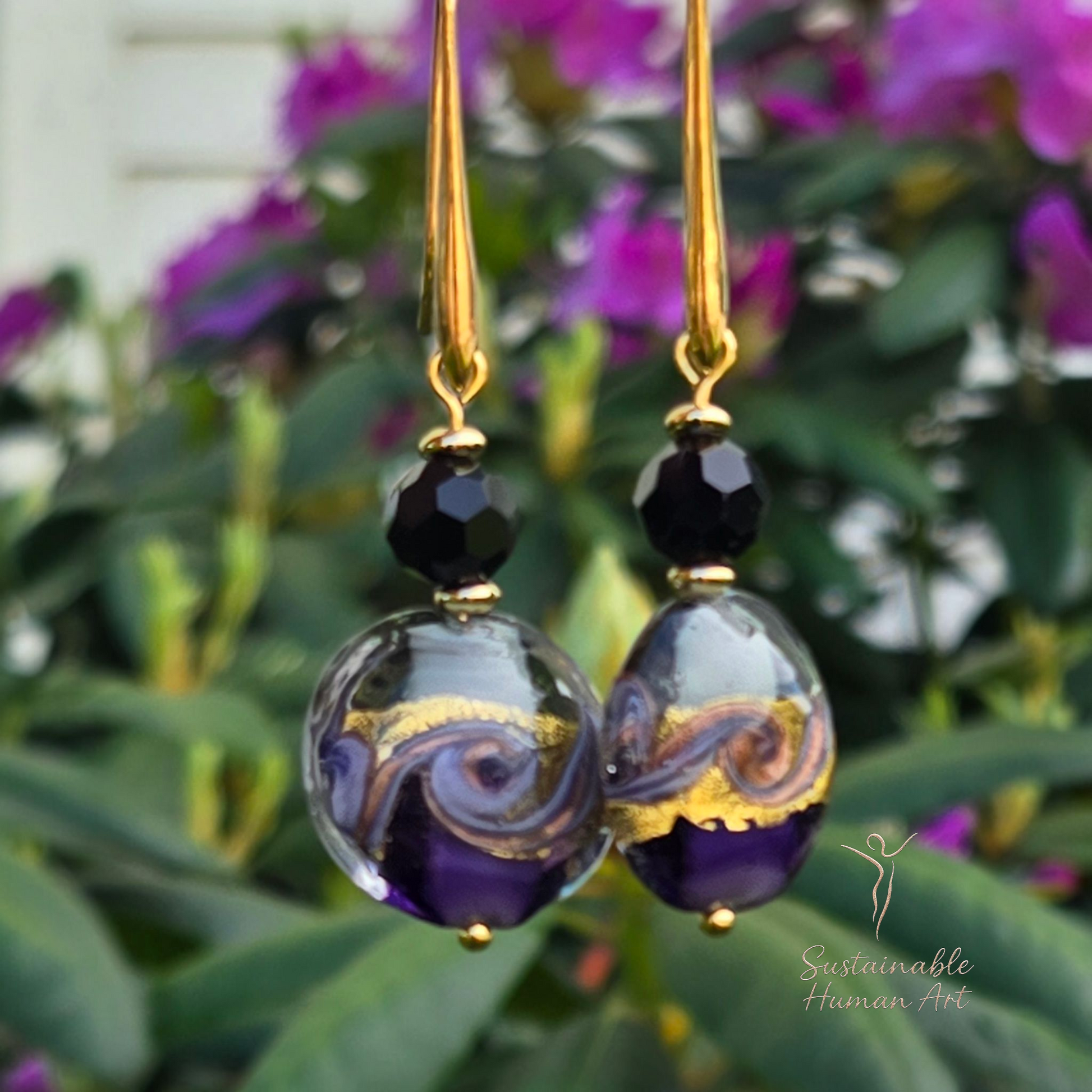 Elegant 24K Gold Foil Purple Murano Glass Earrings