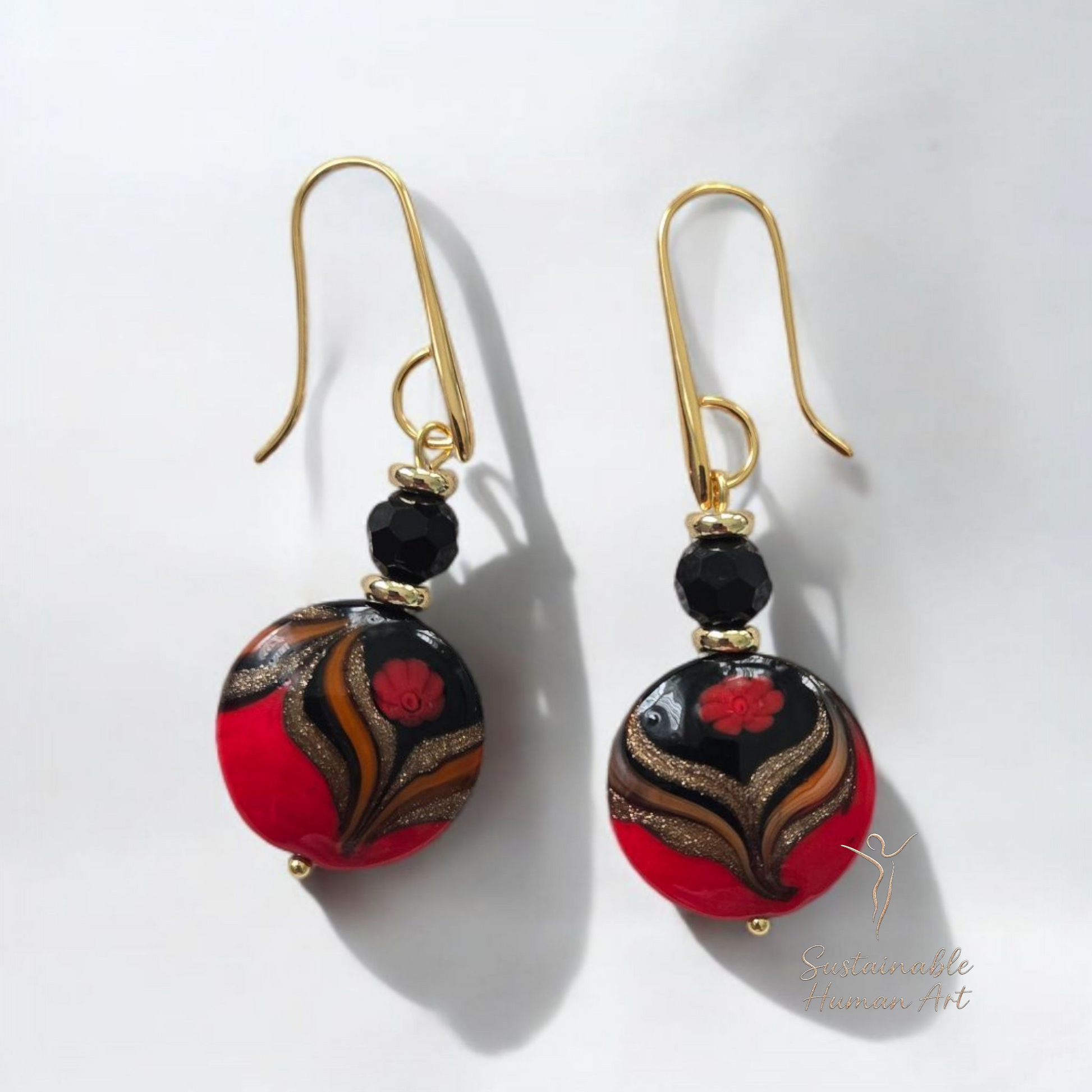 Murano Glass Red & Black Millefiori Disc Earrings with Gold Swirls