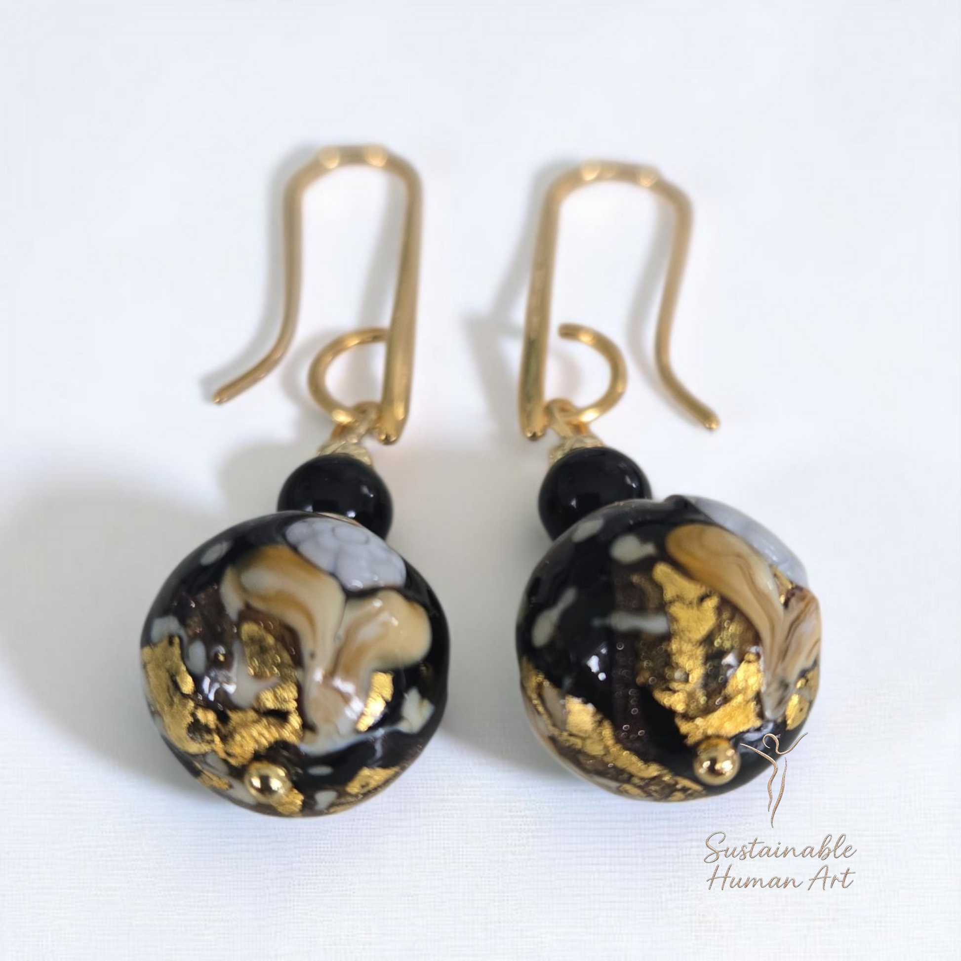 24K Gold Foil Murano Glass & Onyx Bead Drop Earrings