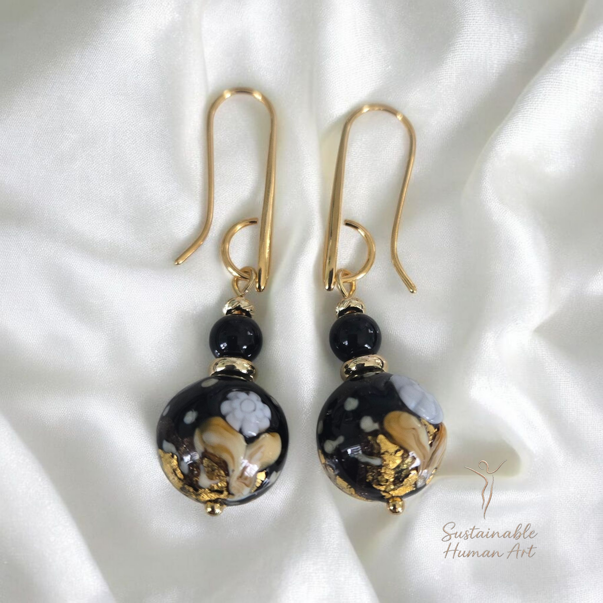 24K Gold Foil Murano Glass & Onyx Bead Drop Earrings