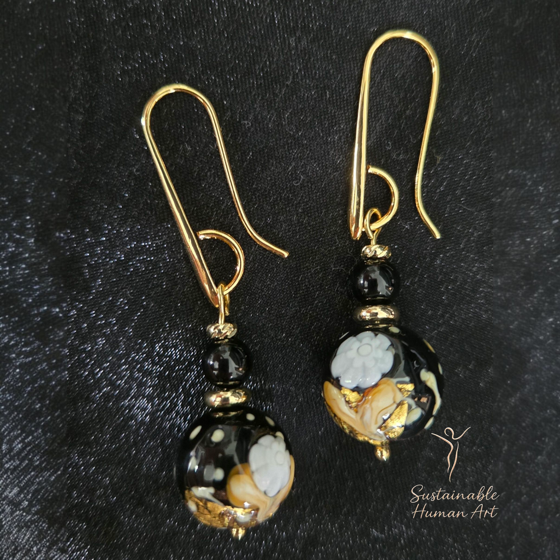 24K Gold Foil Murano Glass & Onyx Bead Drop Earrings
