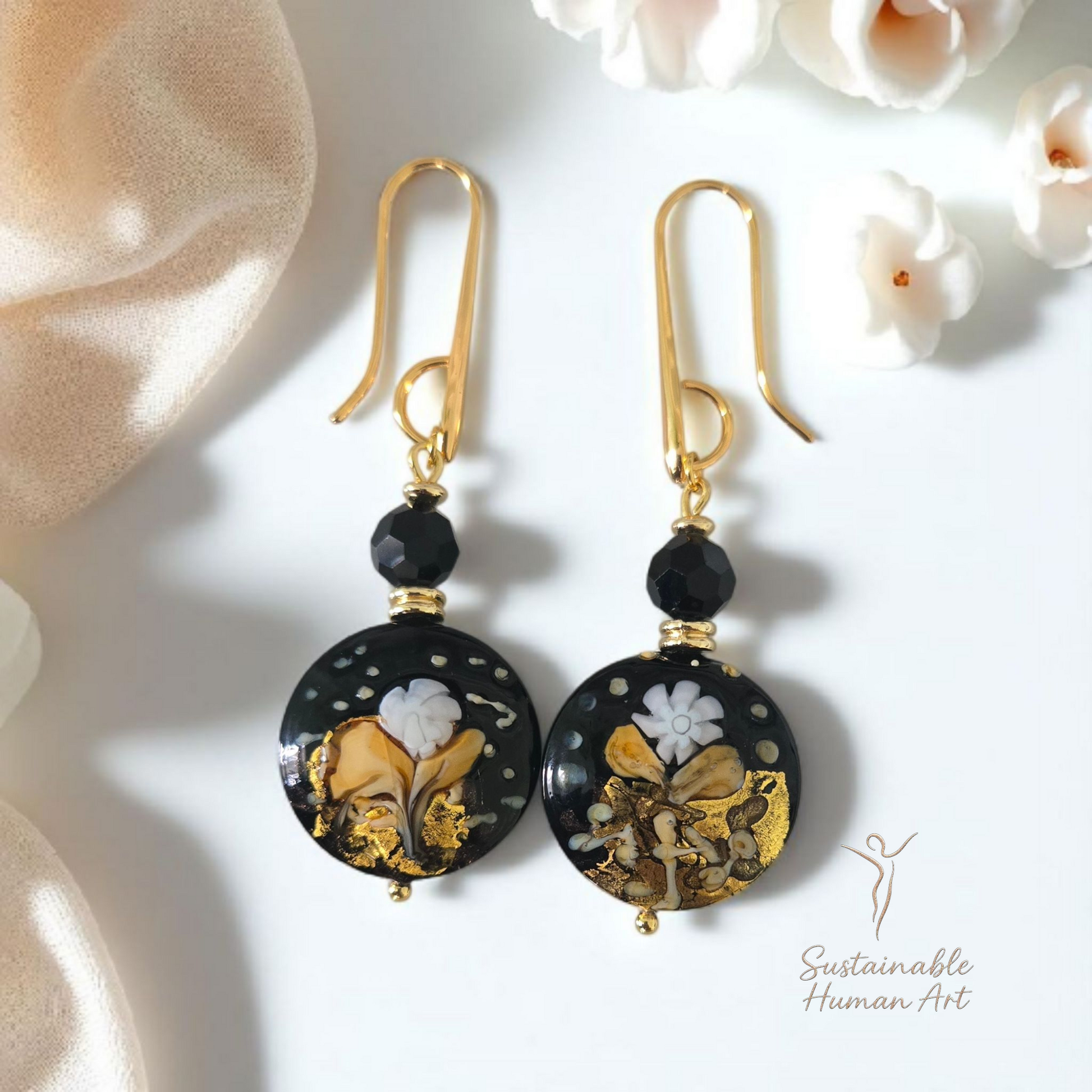 Elegant Black & Gold Murano Lampwork Floral Disc Earrings