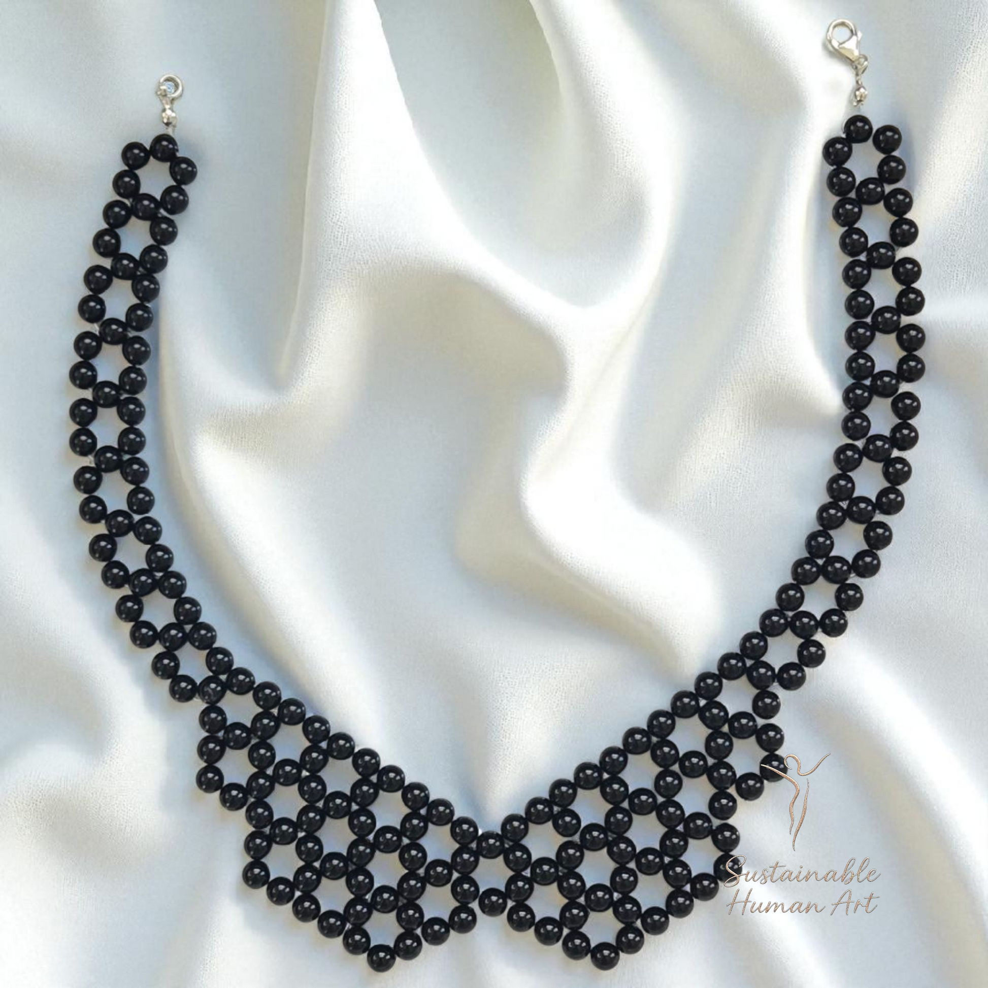 Elegant Black Onyx Beaded Collar Necklace - Handcrafted Statement Piece