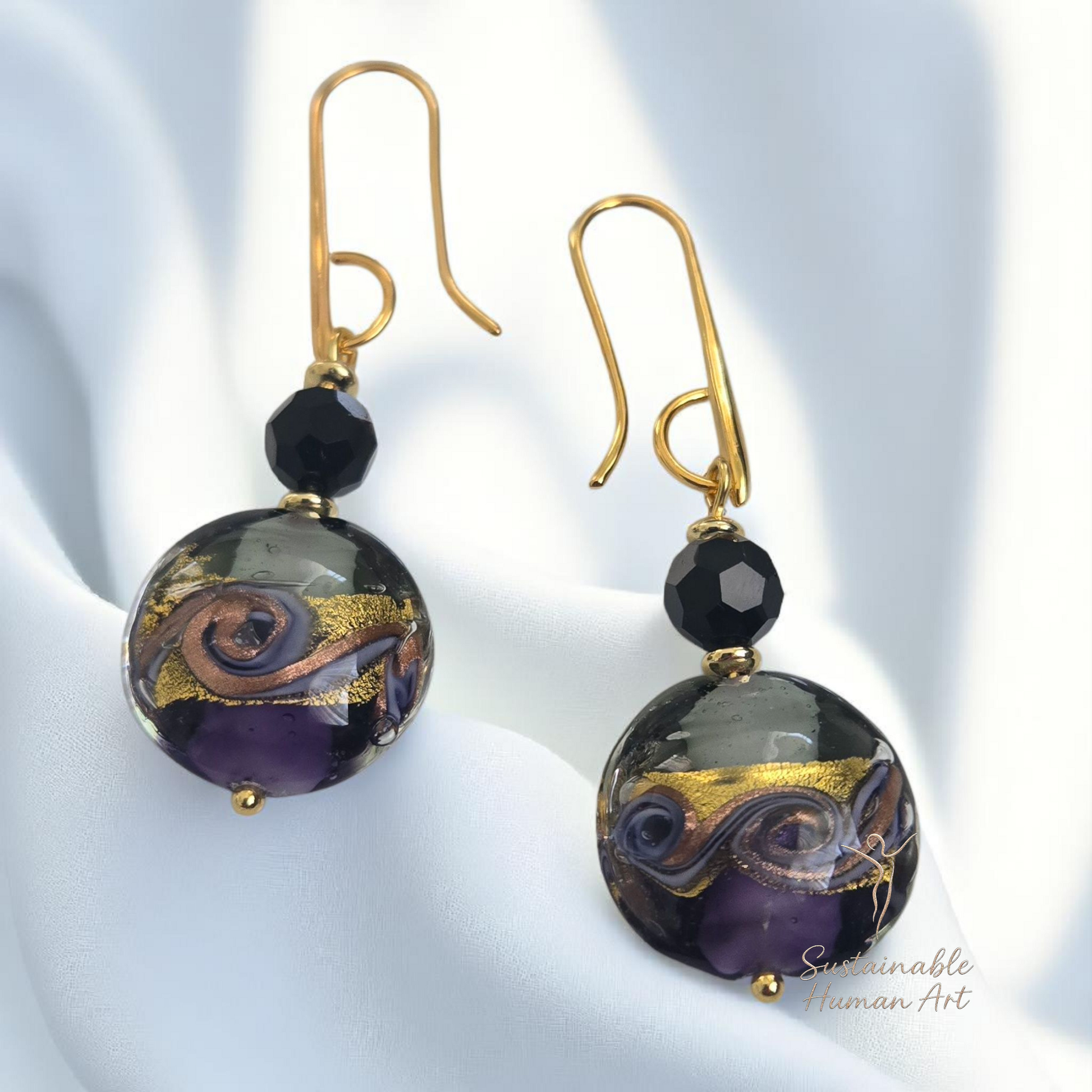 Elegant 24K Gold Foil Purple Murano Glass Earrings
