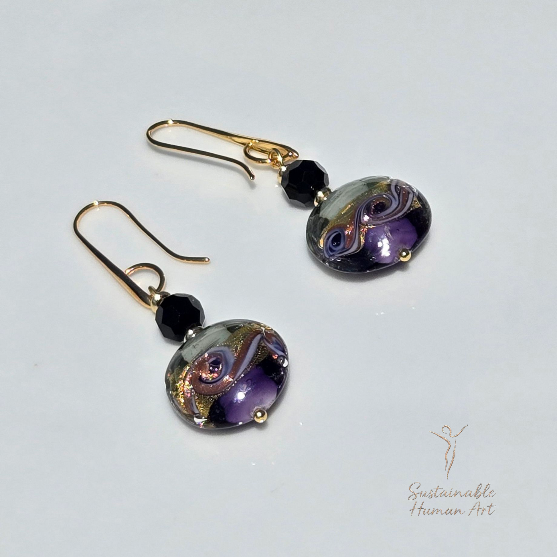 Elegant 24K Gold Foil Purple Murano Glass Earrings