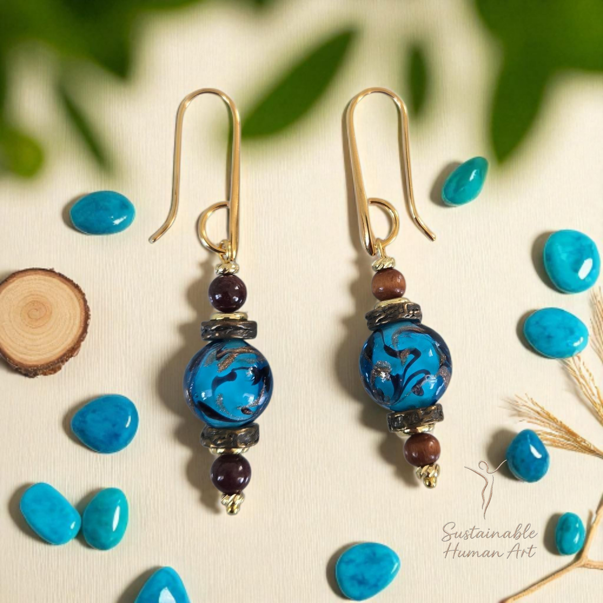 Aqua Murano Glass Drop Earrings with Accents | Customizable Length & Bead Options