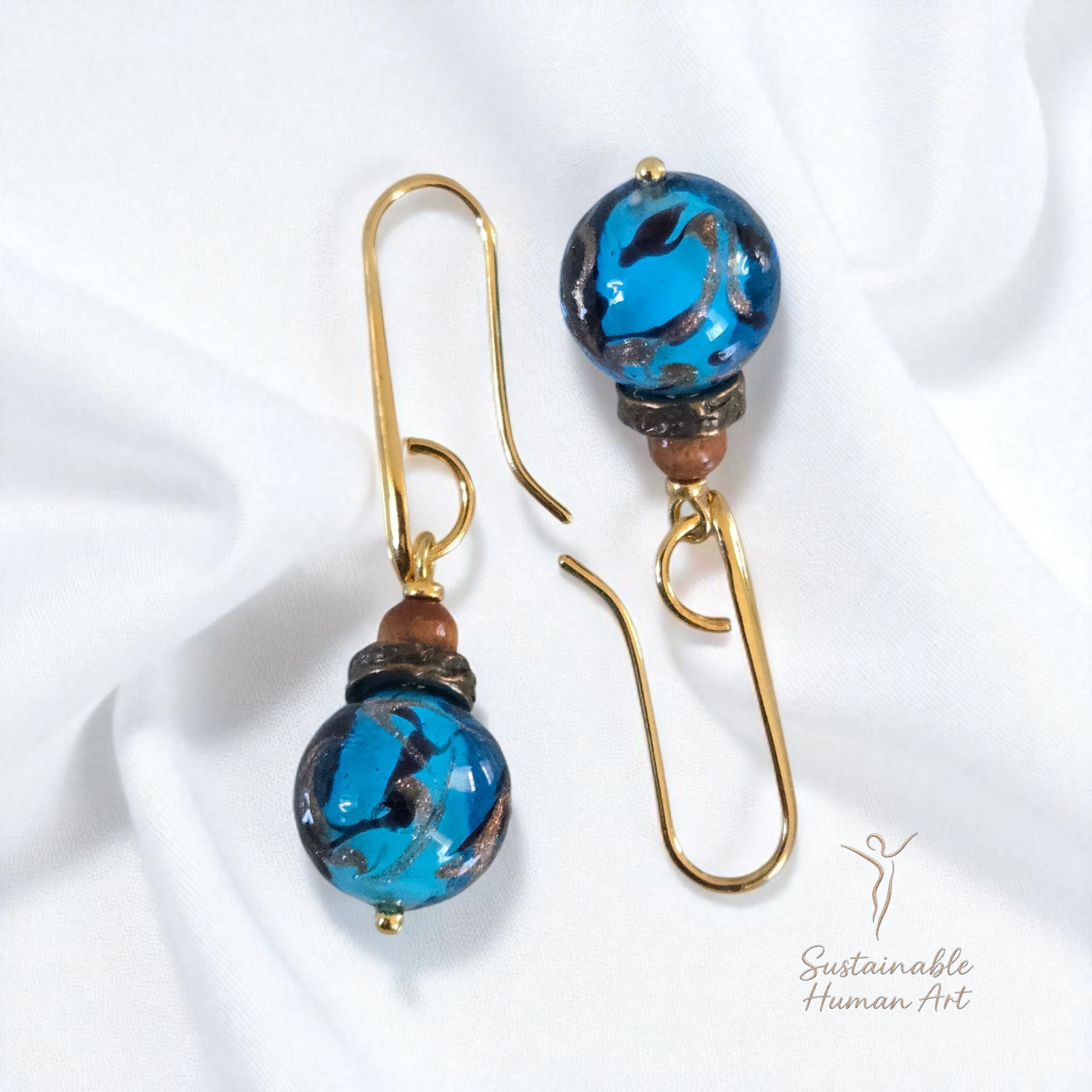 Aqua Murano Glass Drop Earrings with Accents | Customizable Length & Bead Options