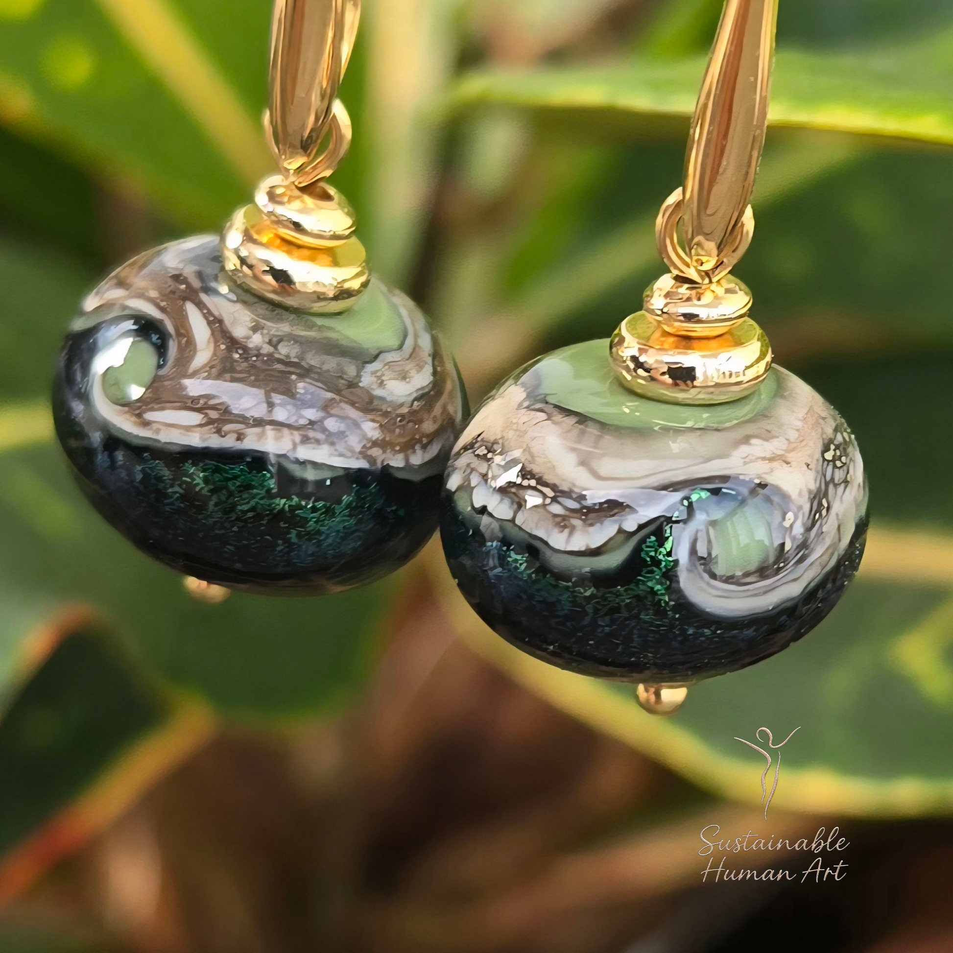 Grace Olive Swirl Lampwork Glass Earrings - Gold Plated