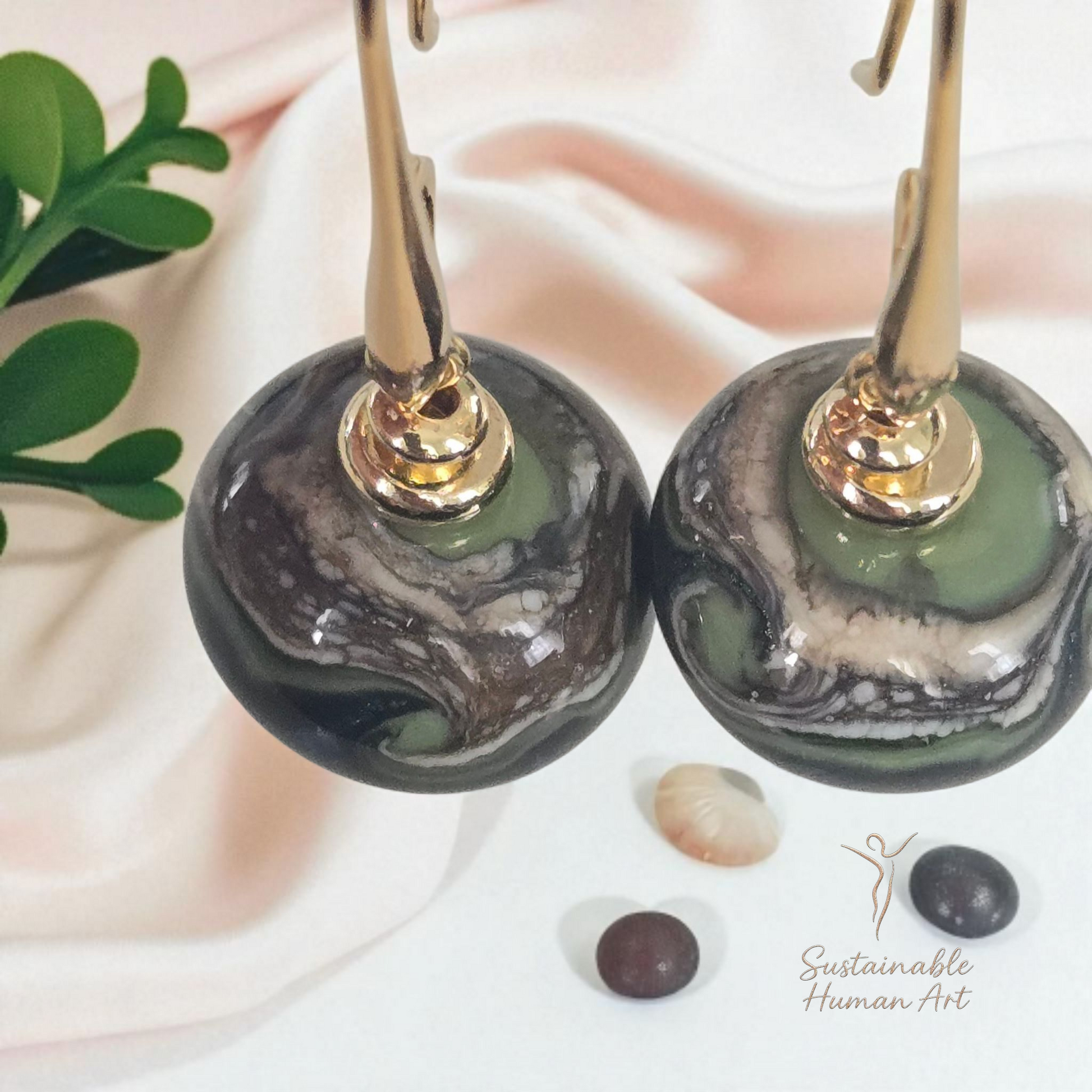 Grace Olive Swirl Lampwork Glass Earrings - Gold Plated