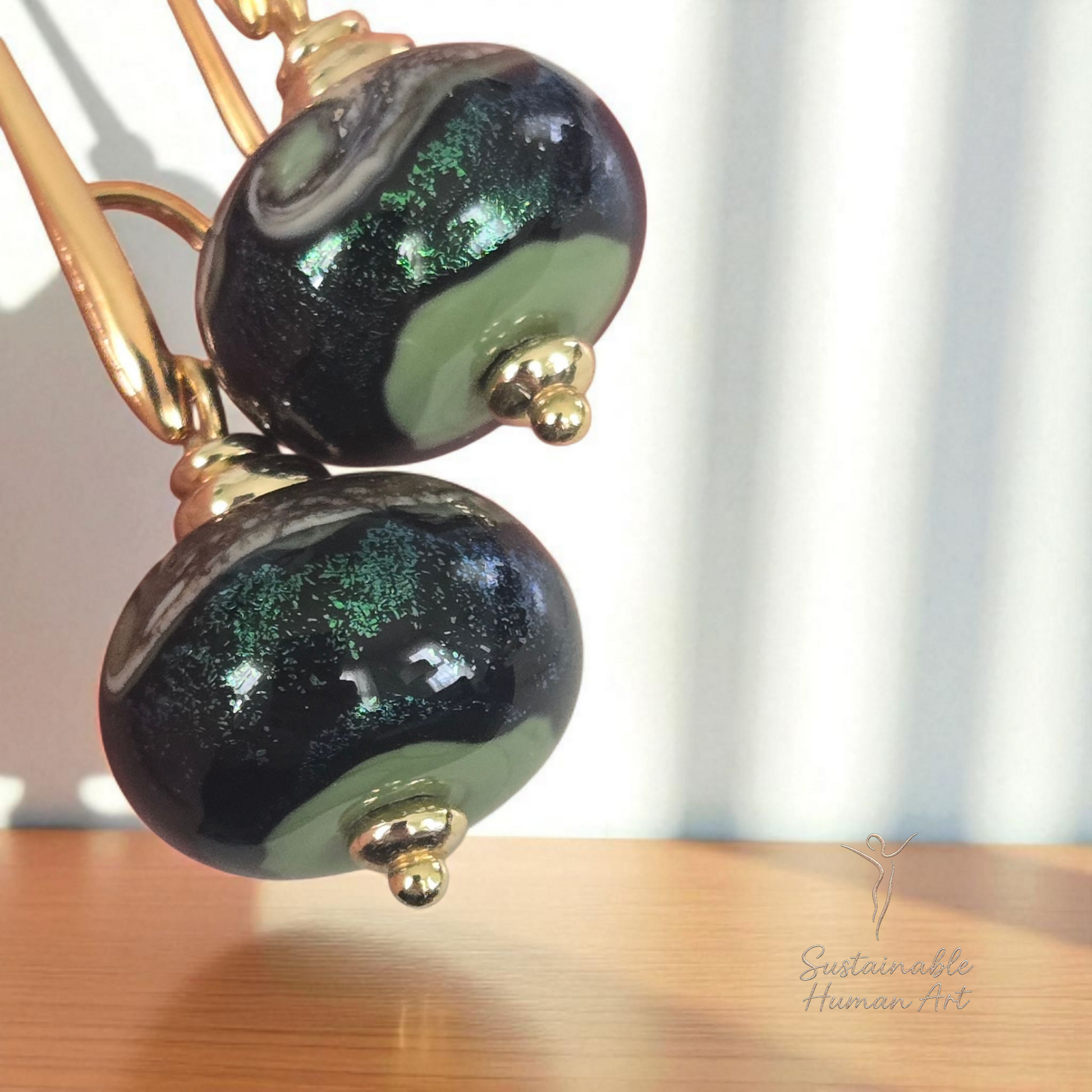 Grace Olive Swirl Lampwork Glass Earrings - Gold Plated