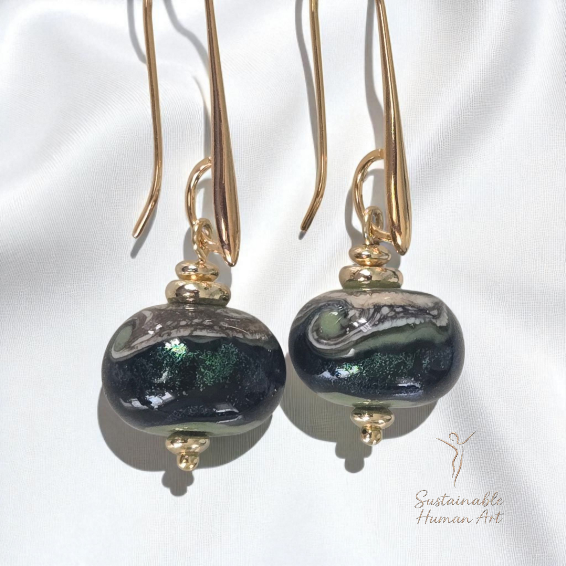 Grace Olive Swirl Lampwork Glass Earrings - Gold Plated