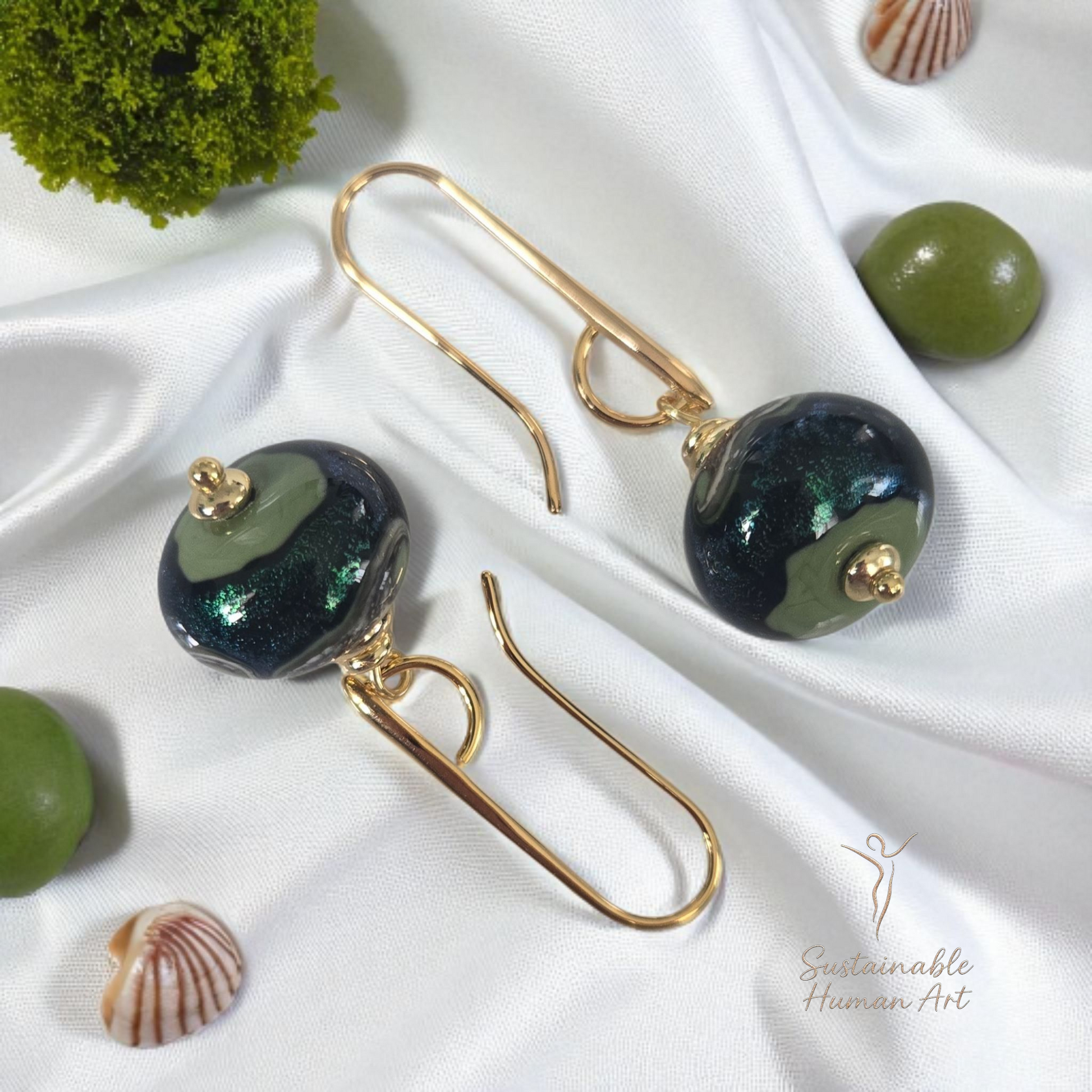 Grace Olive Swirl Lampwork Glass Earrings - Gold Plated