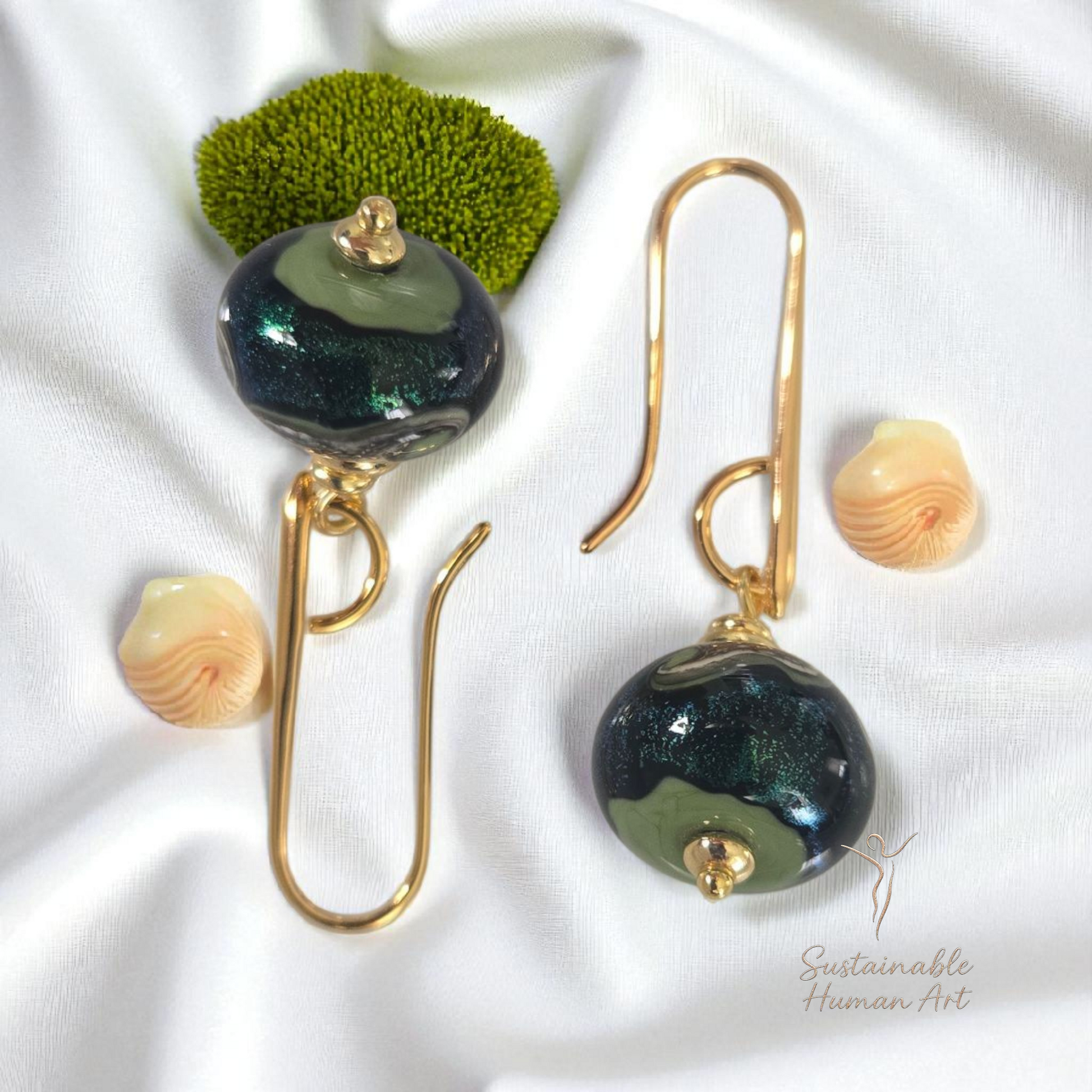 Grace Olive Swirl Lampwork Glass Earrings - Gold Plated