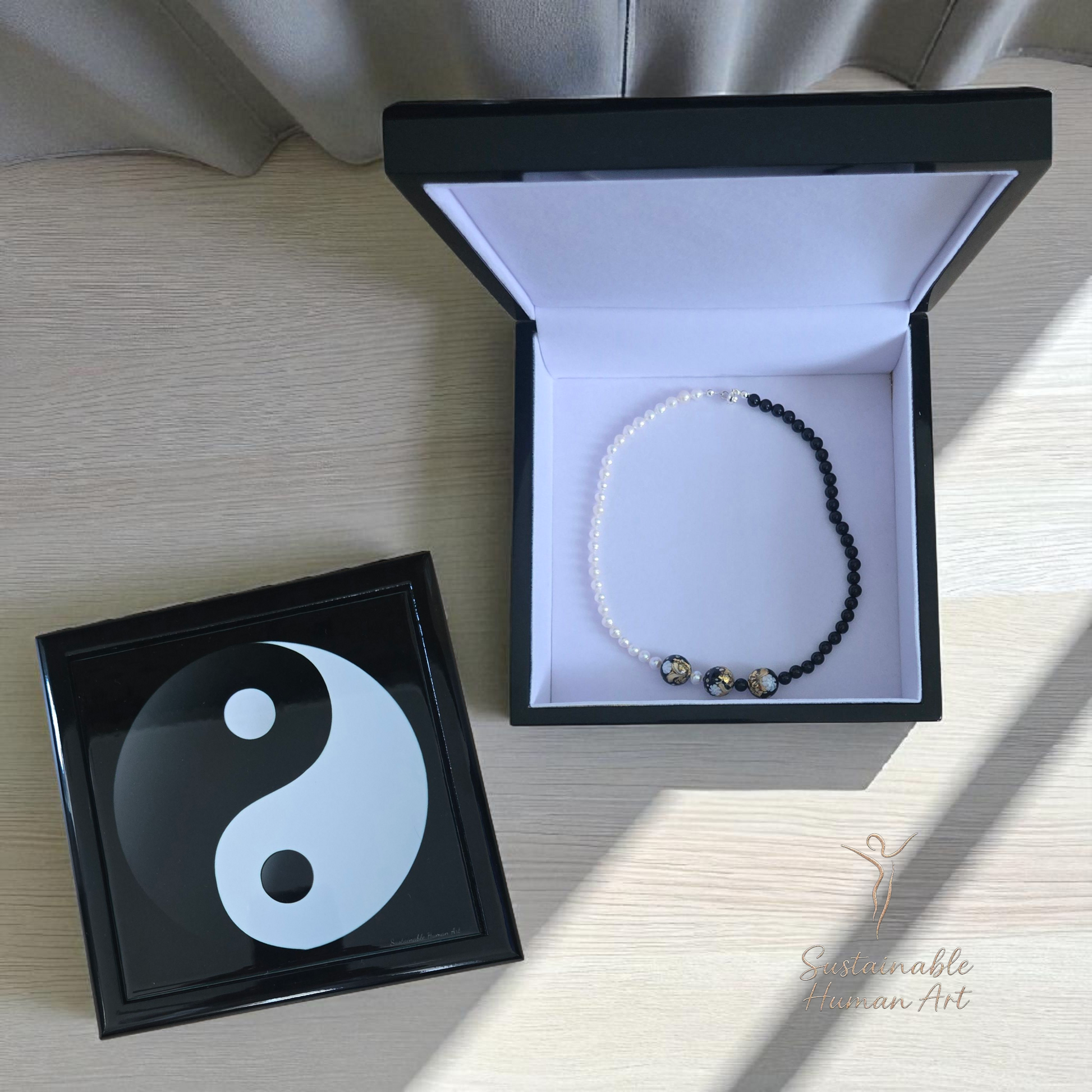 Yin Yang Harmony Teen Unisex Necklace - Black Onyx, White Pearl & Gold Foil Murano Glass