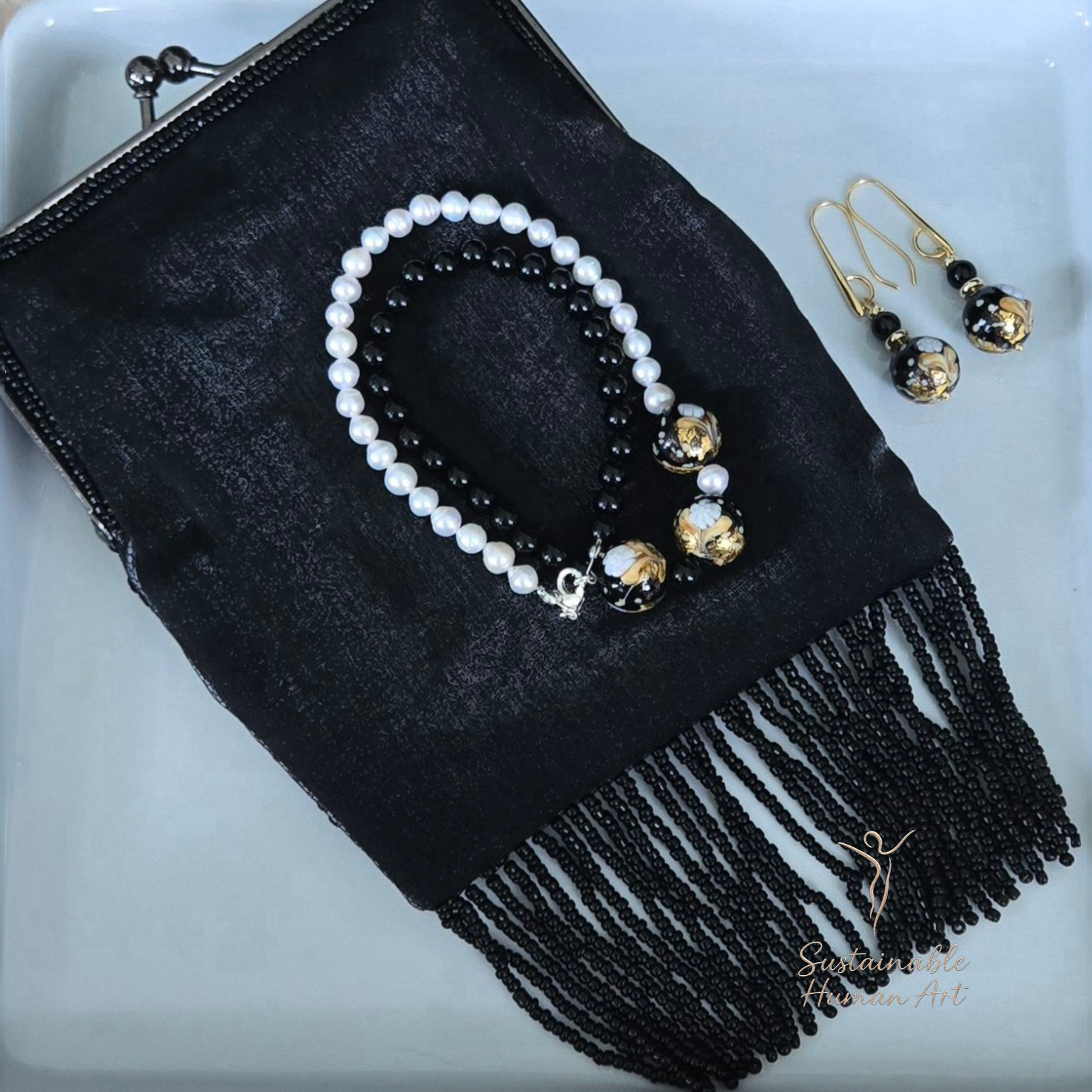24K Gold Foil Murano Glass & Onyx Bead Drop Earrings