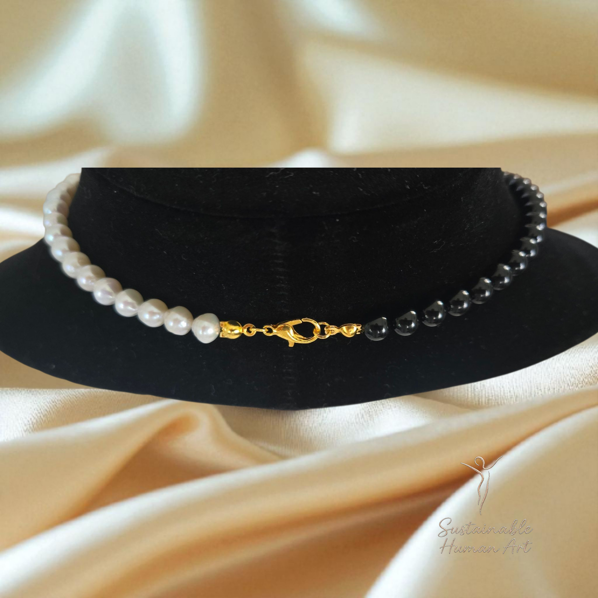 Yin Yang Harmony Teen Unisex Necklace - Black Onyx, White Pearl & Gold Foil Murano Glass