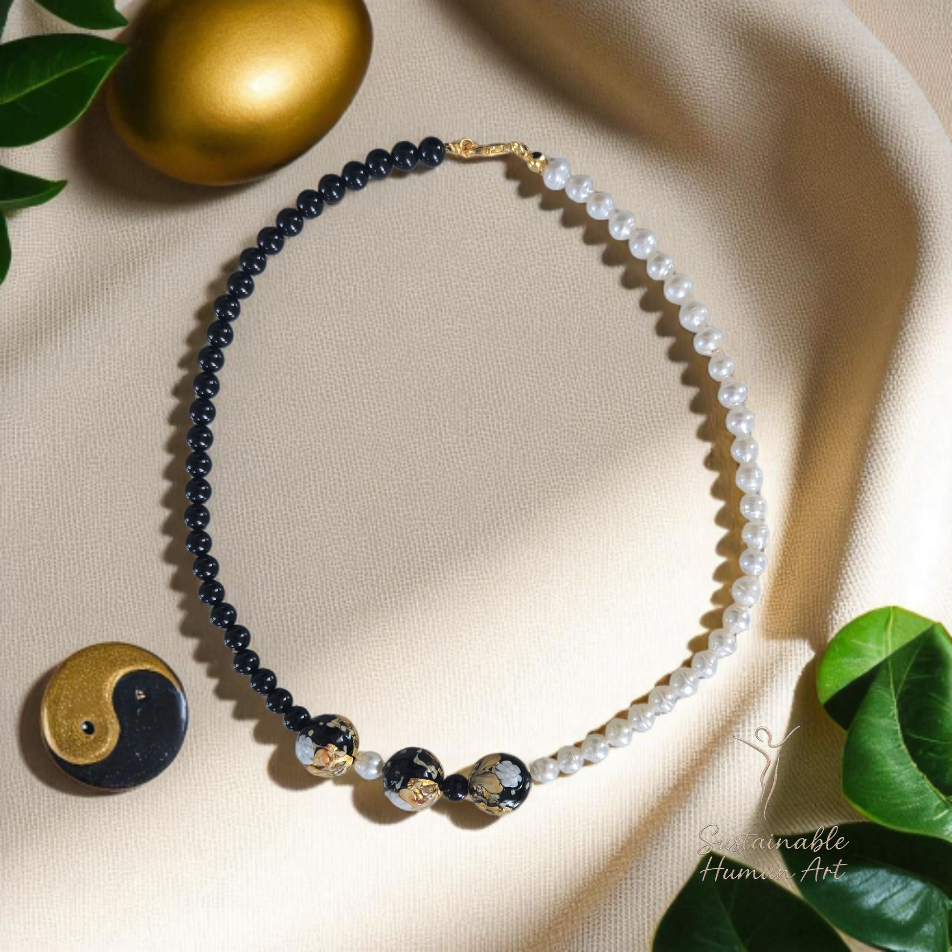 Yin Yang Harmony Teen Unisex Necklace - Black Onyx, White Pearl & Gold Foil Murano Glass