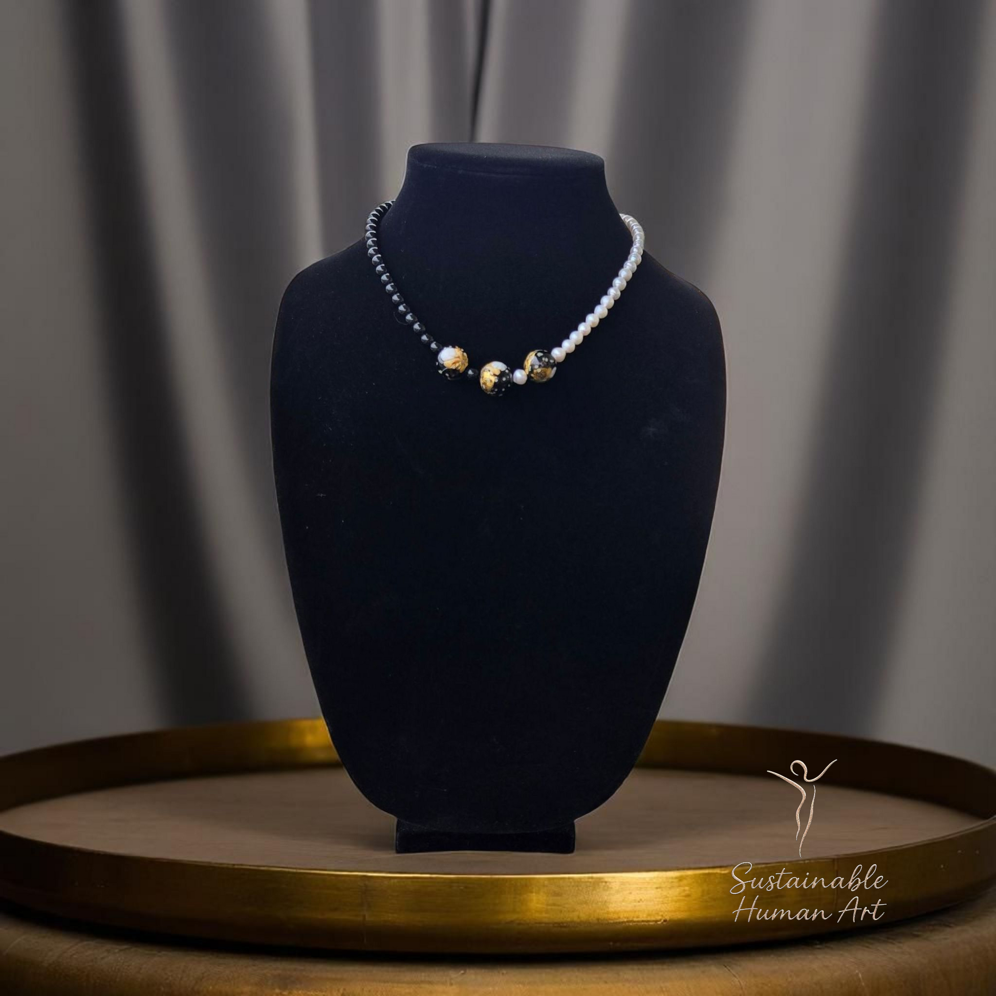 Yin Yang Harmony Teen Unisex Necklace - Black Onyx, White Pearl & Gold Foil Murano Glass
