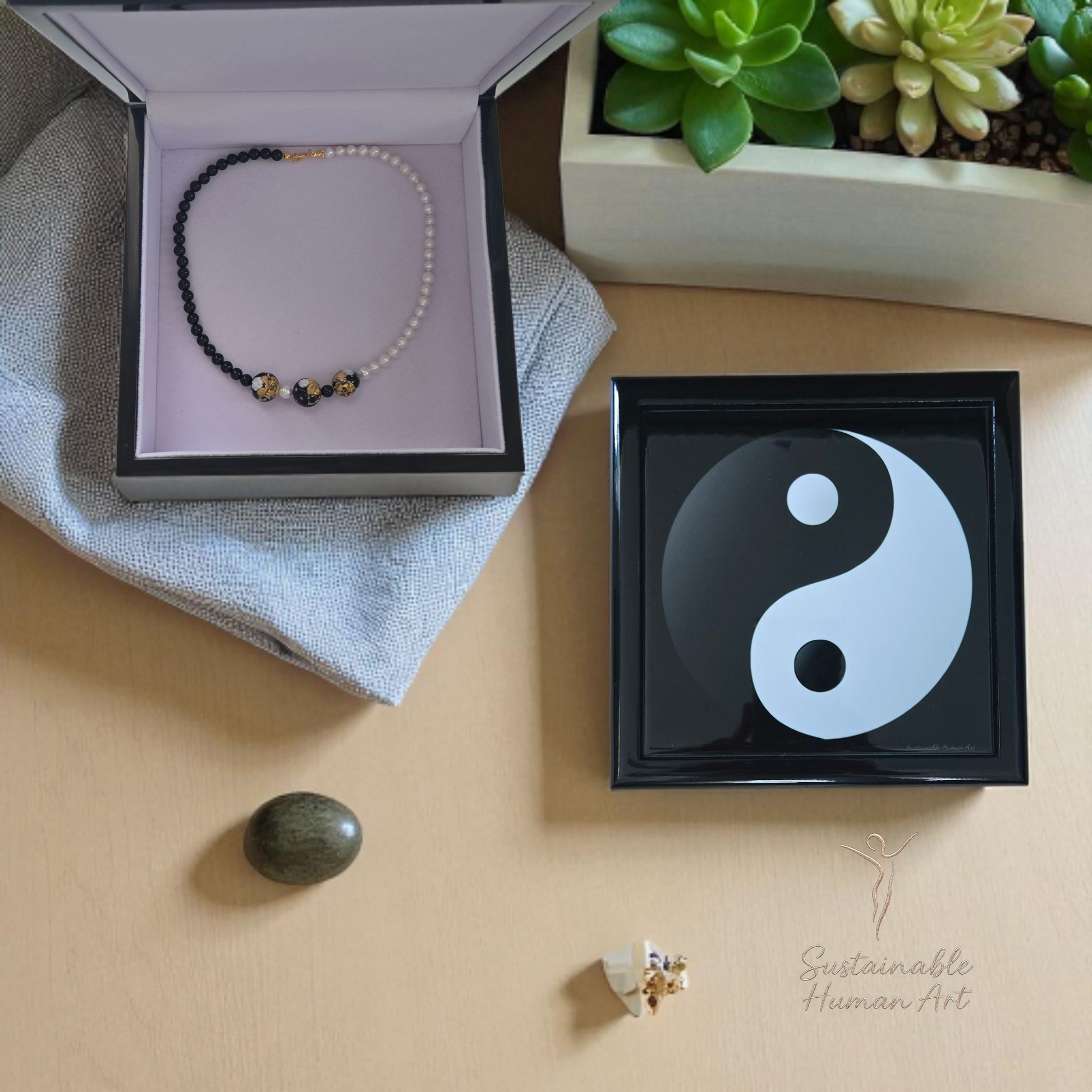 Yin Yang Harmony Teen Unisex Necklace - Black Onyx, White Pearl & Gold Foil Murano Glass