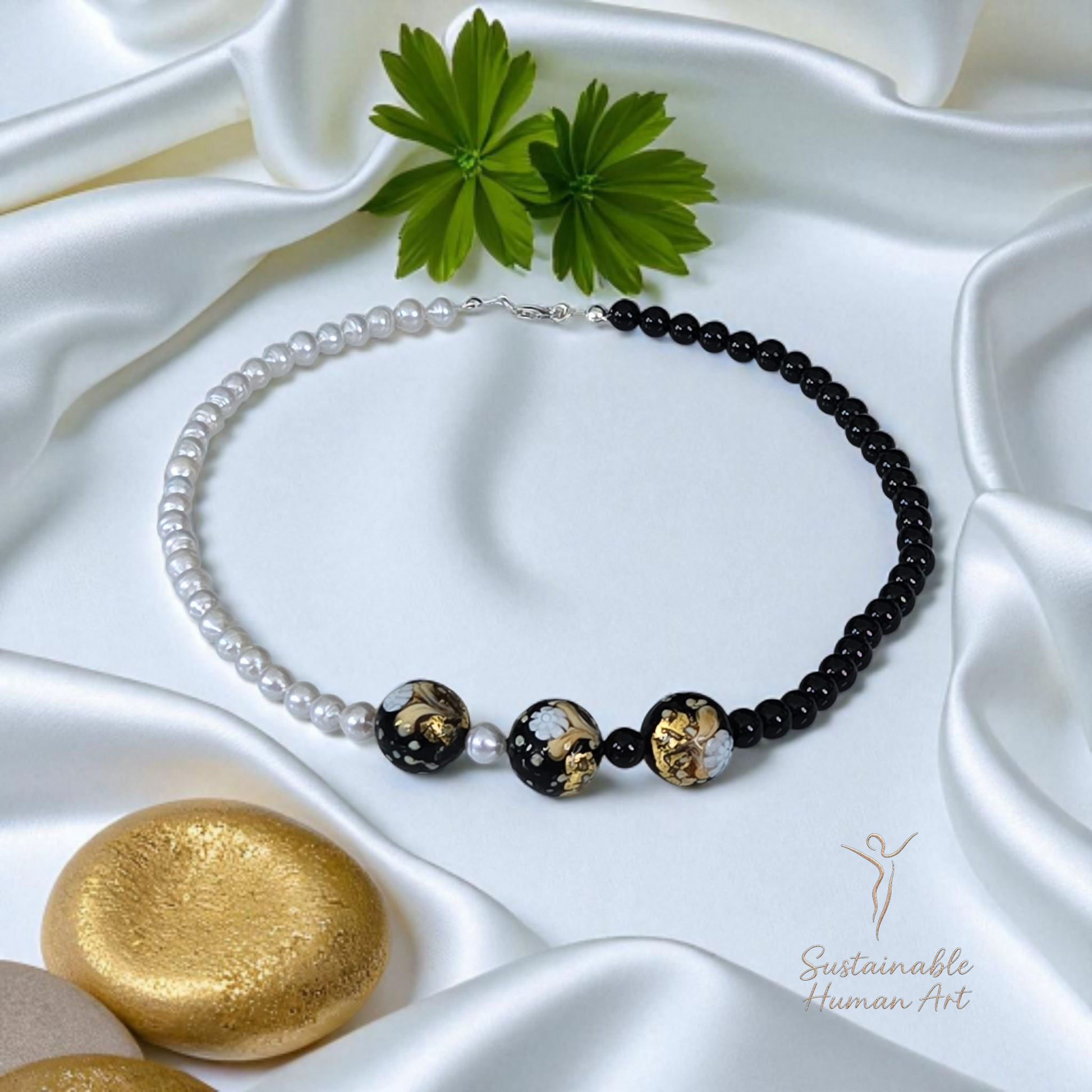 Yin Yang Harmony Teen Unisex Necklace - Black Onyx, White Pearl & Gold Foil Murano Glass