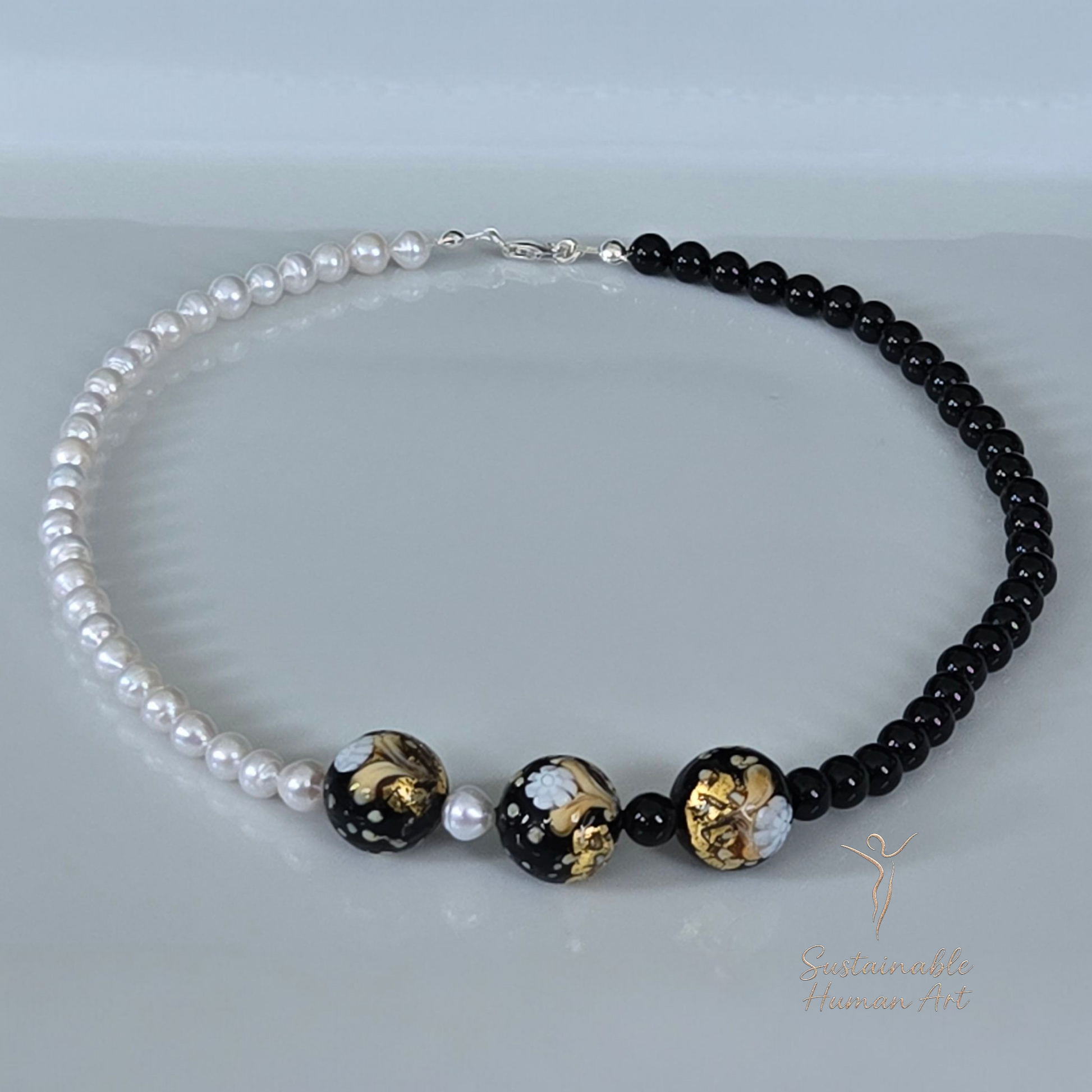 Yin Yang Harmony Teen Unisex Necklace - Black Onyx, White Pearl & Gold Foil Murano Glass